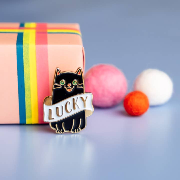 Lucky Cat Enamel Pin - funny, cute, black cat for wholesale by Shawna Smyth Studio