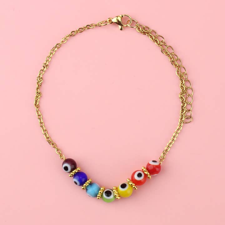 Rainbow Evil Eye Anklet for wholesale by Sour Cherry