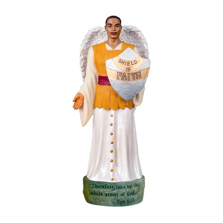 16723: African American Angel: Shield of Faith! 9.5"H for wholesale by Positive Image Gifts