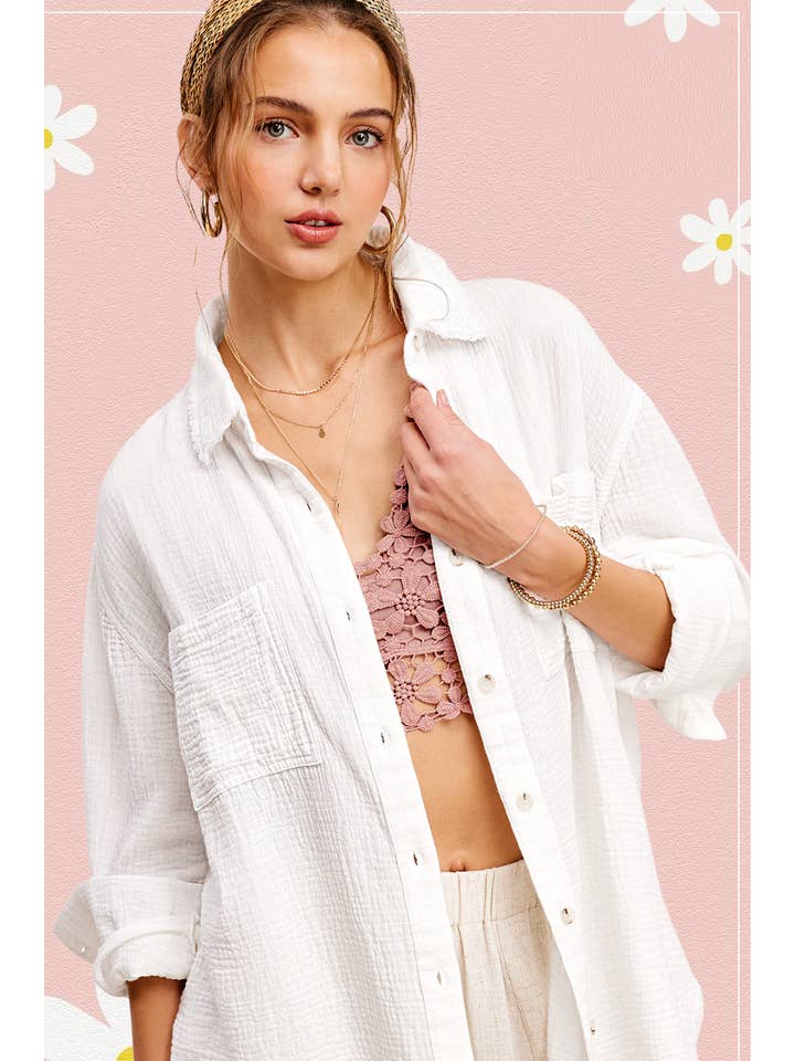 La Miel - Wholesale Button Down Shirt - Women's - SRT7448-Soft Washed Crinkled Gauze Button Down Shirts20