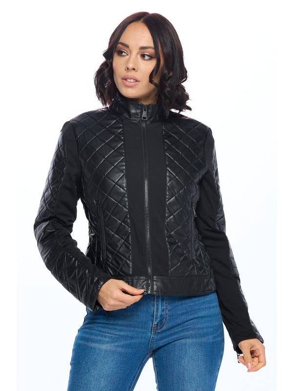 Black Quilted Edge Faux Leather Jacket for wholesale on Faire