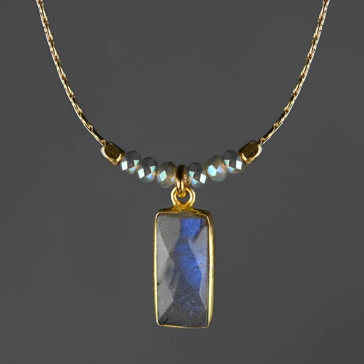 Rectangle Semi Precious w/ tiny Opalescent Crystals Necklace for wholesale by KBD Studio