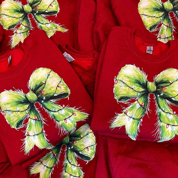 Lasting Impressions CT - Wholesale Graphic Sweatshirt - Women's - Wholesale Green Furry Sweatshirt for Christmas, Coquette bow