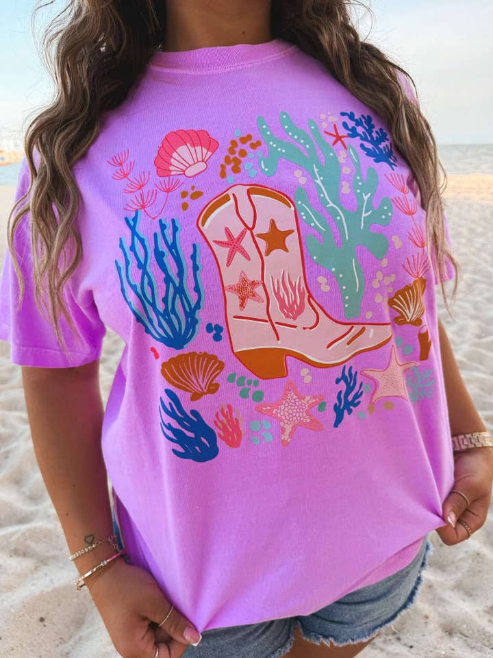 Neon Violet Coastal Coral Boot Beachy Graphic Tee for wholesale on Faire