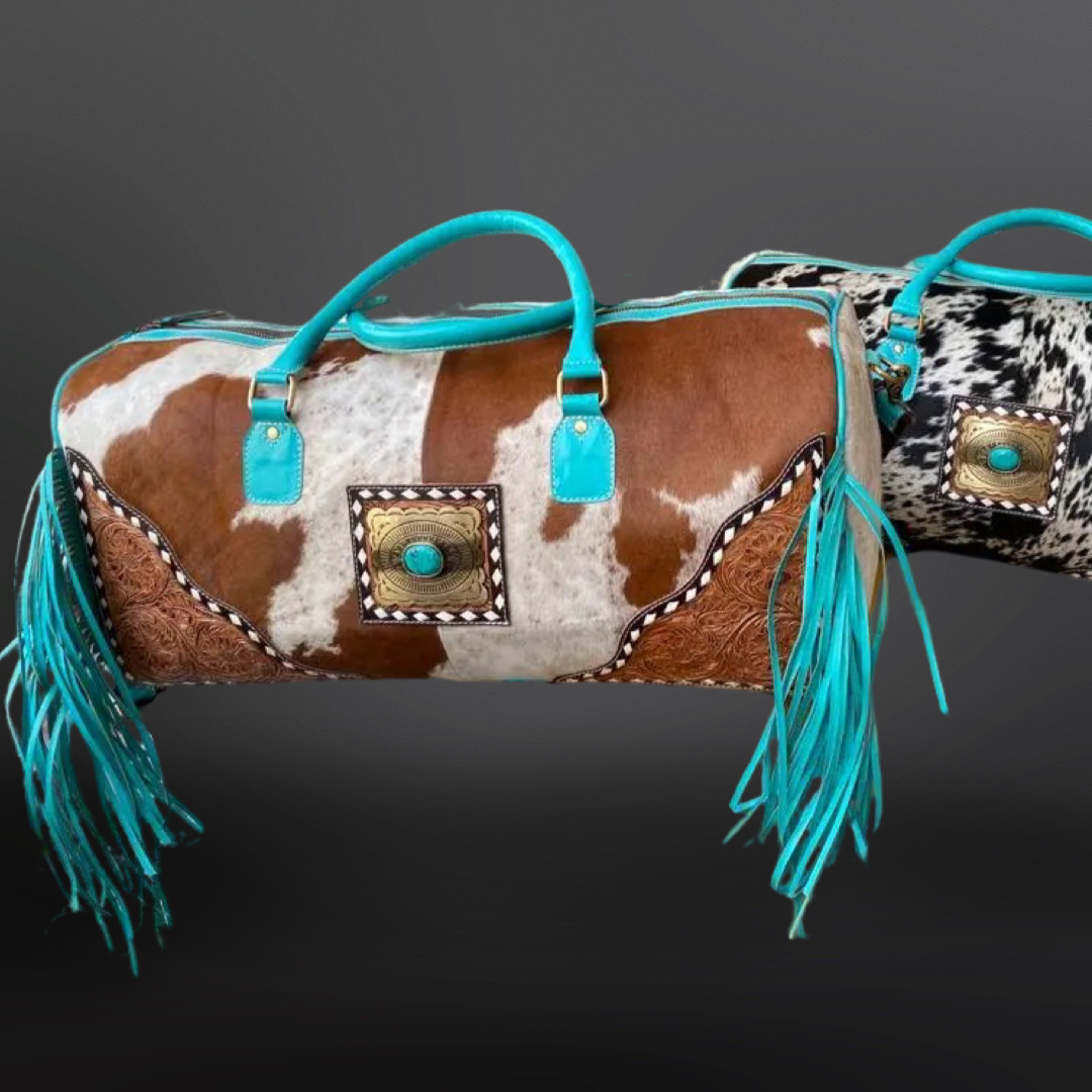 Westrian International - Wholesale Weekender Bag - Women's - Turquoise Leather Fringe Western Cowhide Duffel Bag Concho1