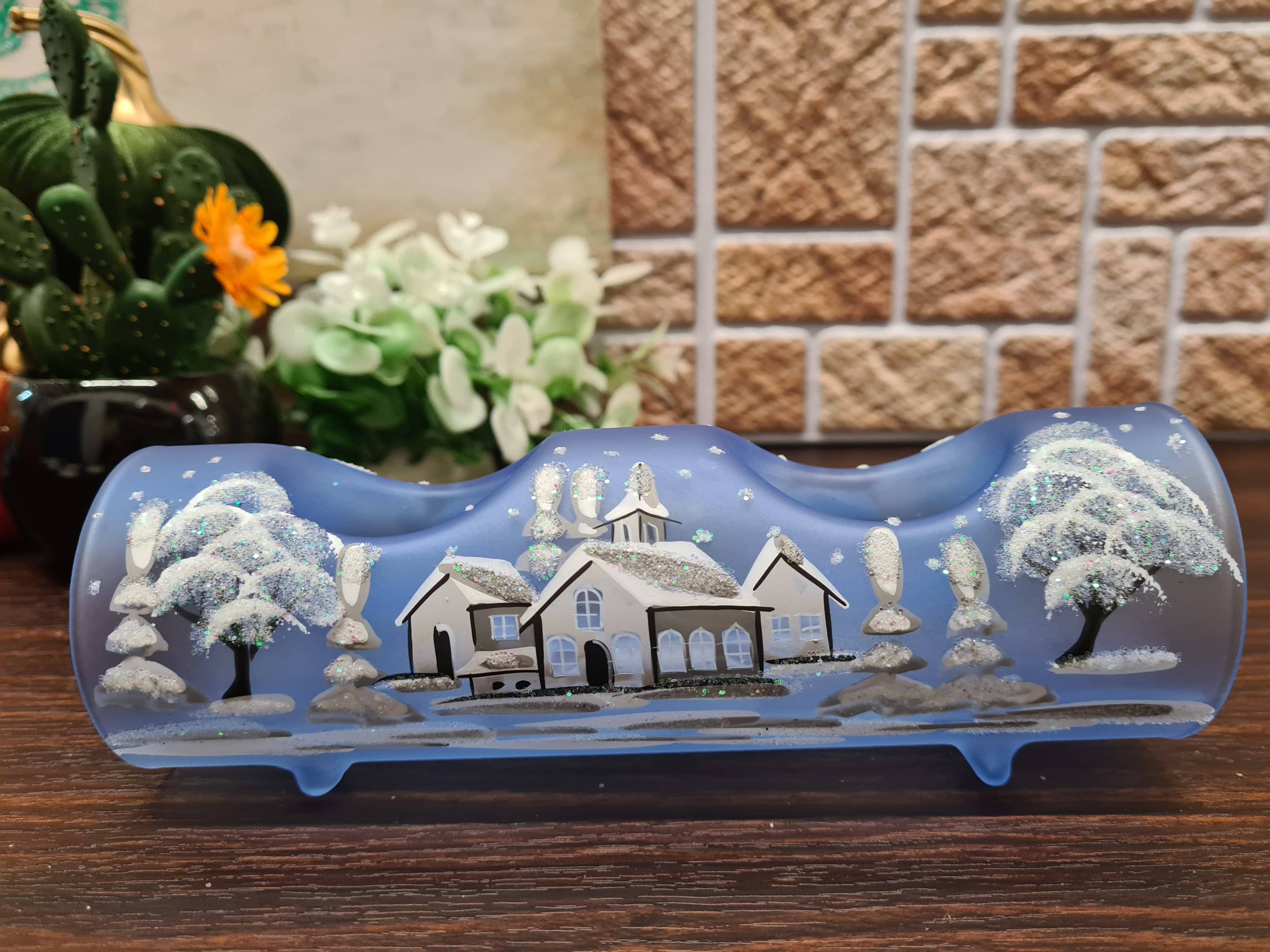 Glass by Iness - Wholesale Candle Holder - White Church In Winter Wonderland Collection - Candle Holder26
