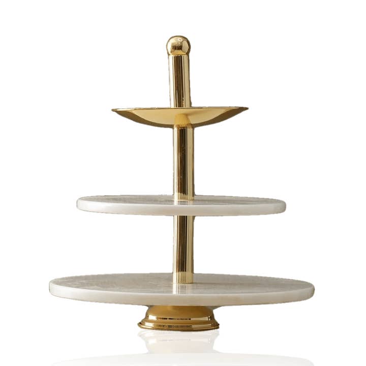 Three-Tier White Marble Serving Stand With Gold Finish for wholesale by MARLETH