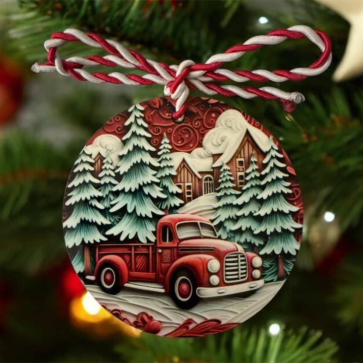 Shades Jewelry & Gifts - Wholesale Ornament - Red Truck in the Woods Ornament, Christmas Tree Decor