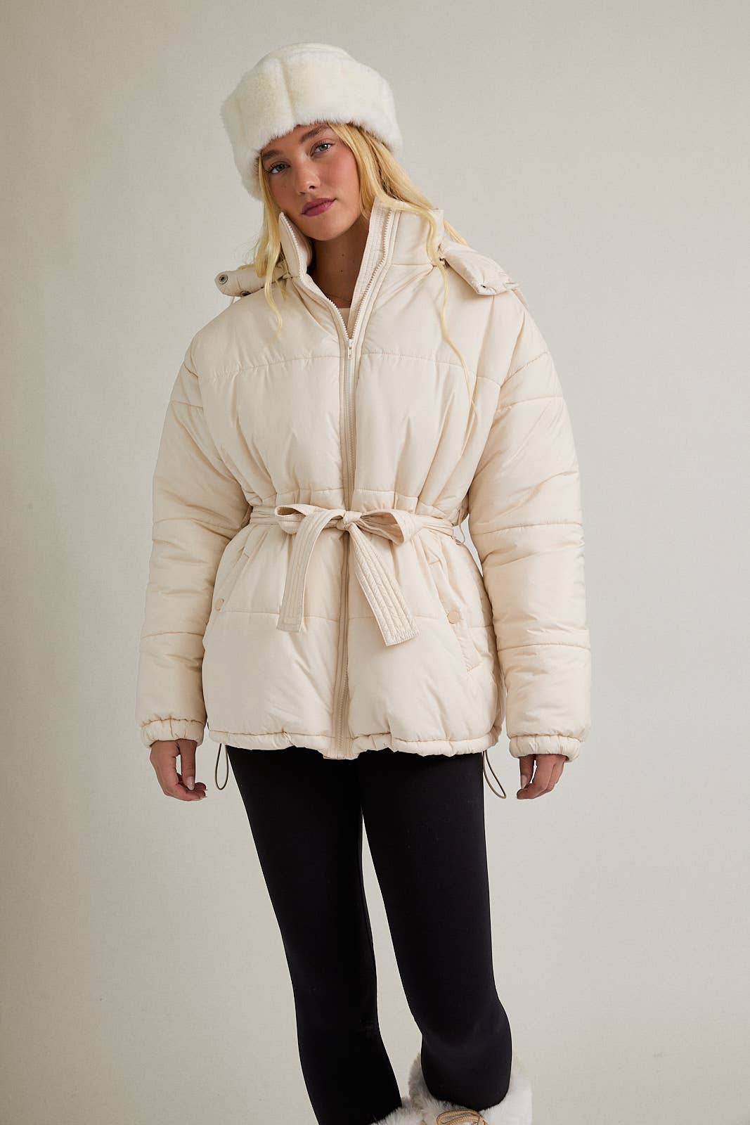 CREAM MID LENGTH PUFFER JACKET WITH REMOVABLE HOOD for wholesale on Faire
