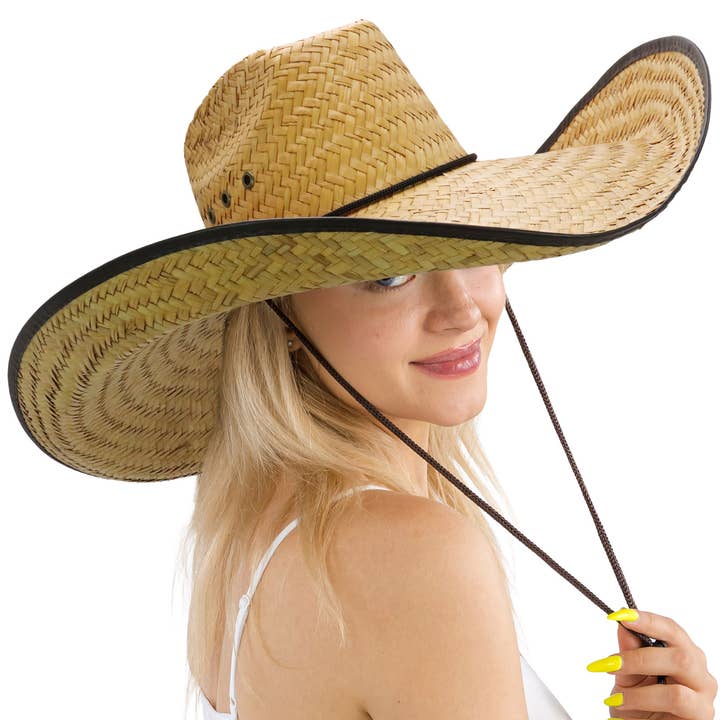 Natural Dark Brown Eyeleted Biggs Extra Wide Retro Brim Straw Cowboy Hat for wholesale on Faire