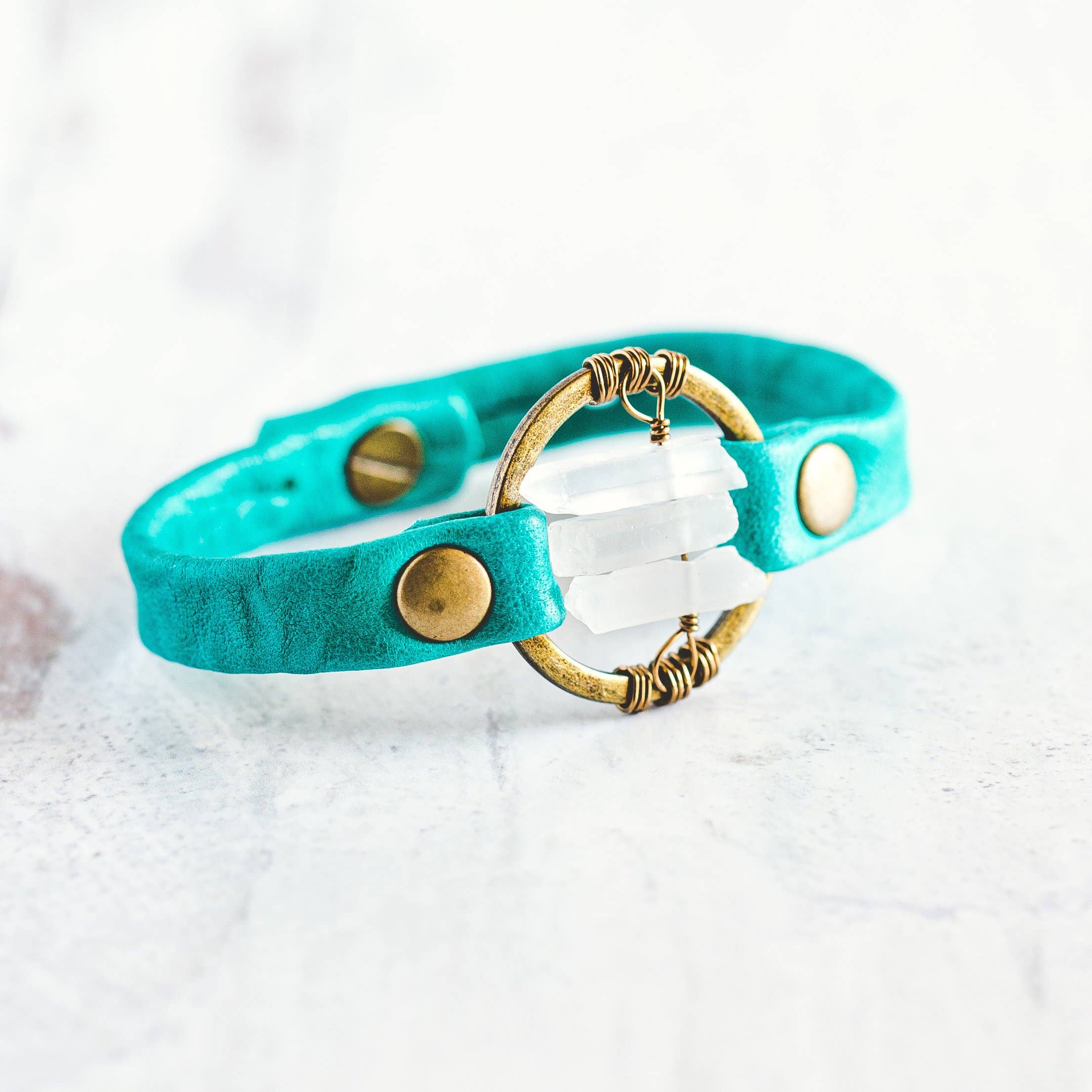 Giving Bracelets - Wholesale Bangle Bracelet - Be the Light Leather Bracelet-Antique Brass-Quartz Crystal11