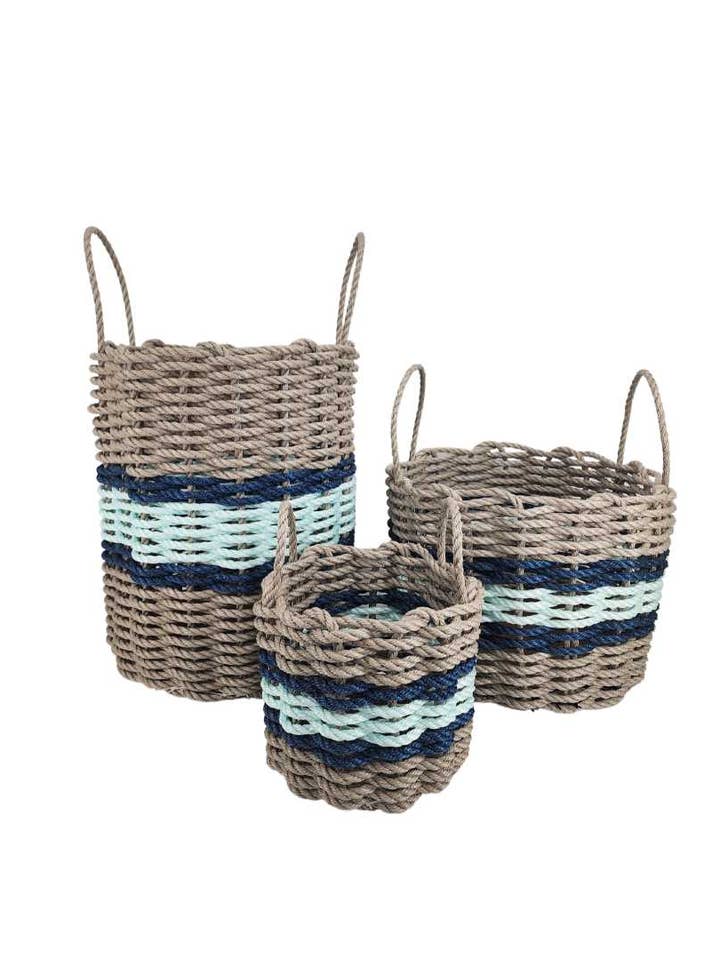 Lobster Rope Basket Tan and Seafoam, Navy Accents for wholesale by Little Salty Rope