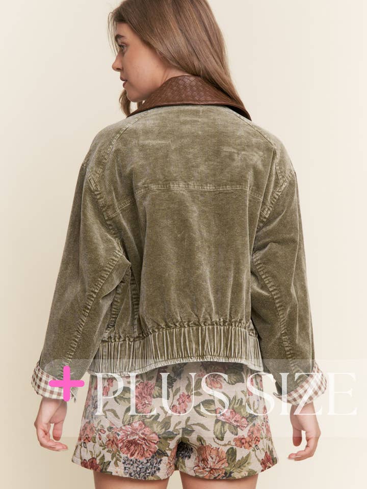 ASH OLIVE PLUS SIZE ~  Mineral Washed Corduroy Button Jacket for wholesale on Faire4