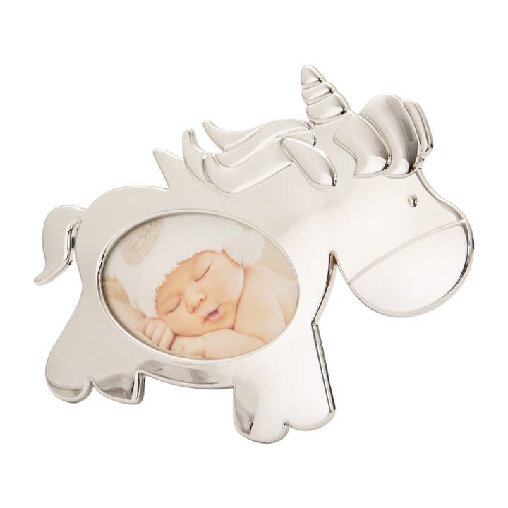 Cute Unicorn Themed Shiny Nickel Plated Metal Baby Oval Picture Frame for wholesale by Happy Homewares