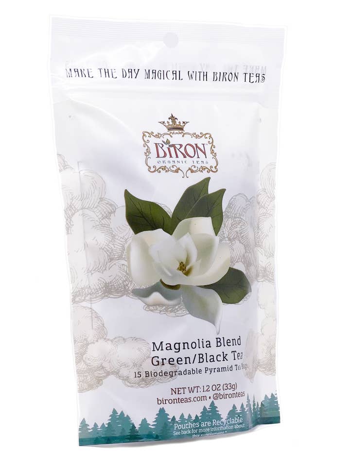 Magnolia Green/Black Tea- 15 ct Pyramid Bags in Pouch for wholesale by Biron Organic Teas