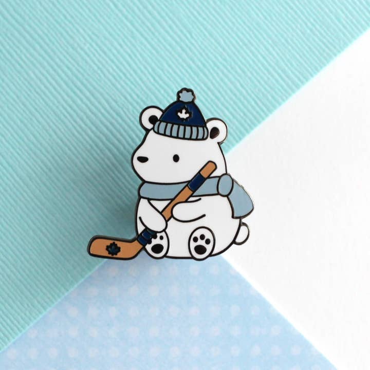 Polar Bear Playing Hockey Enamel Pin - Toronto Maple Leafs for wholesale by Wild Whimsy Woolies