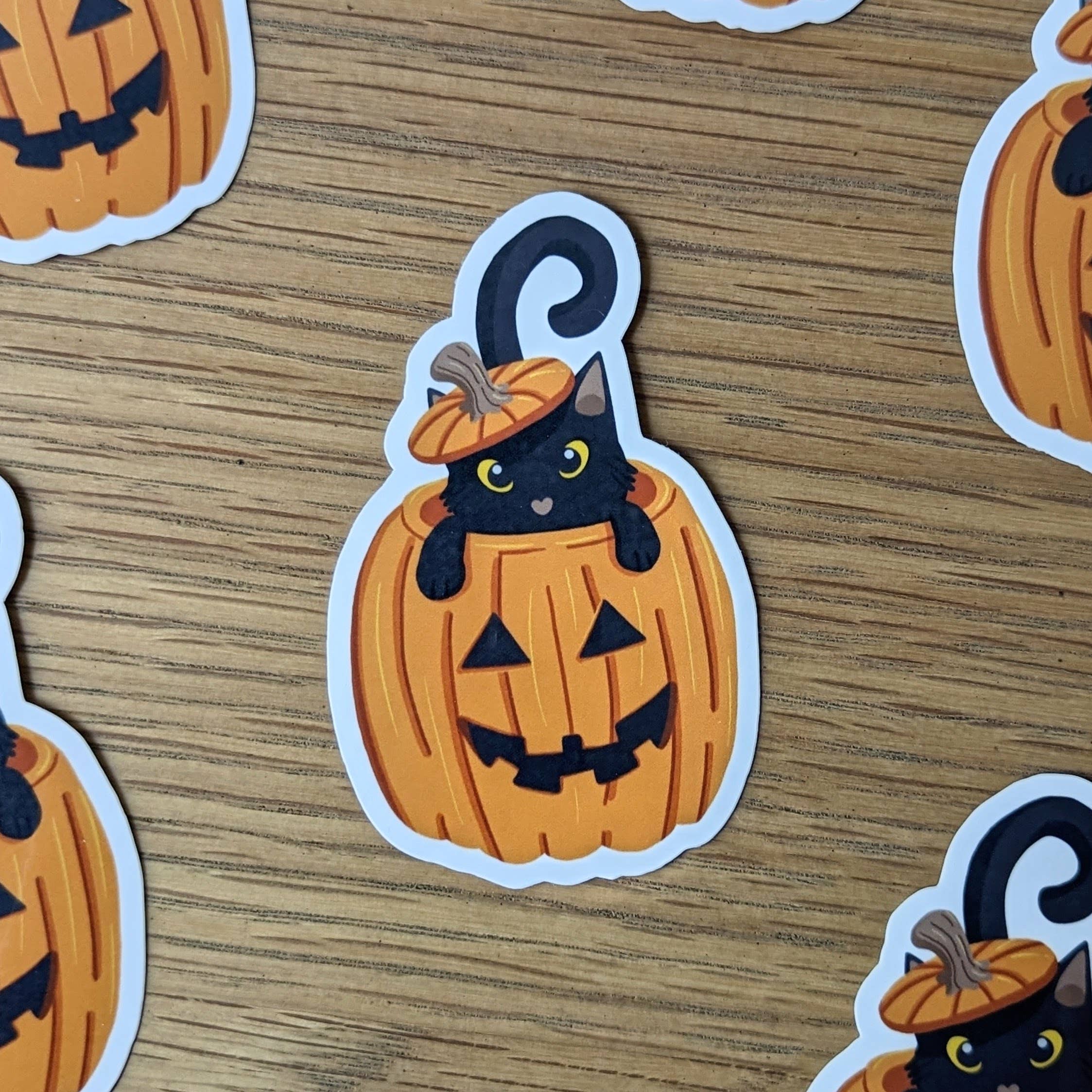 Sleepy Fawn Studio - Wholesale Sticker - Halloween Pumpkin Cat Sticker | Laminated Vinyl0
