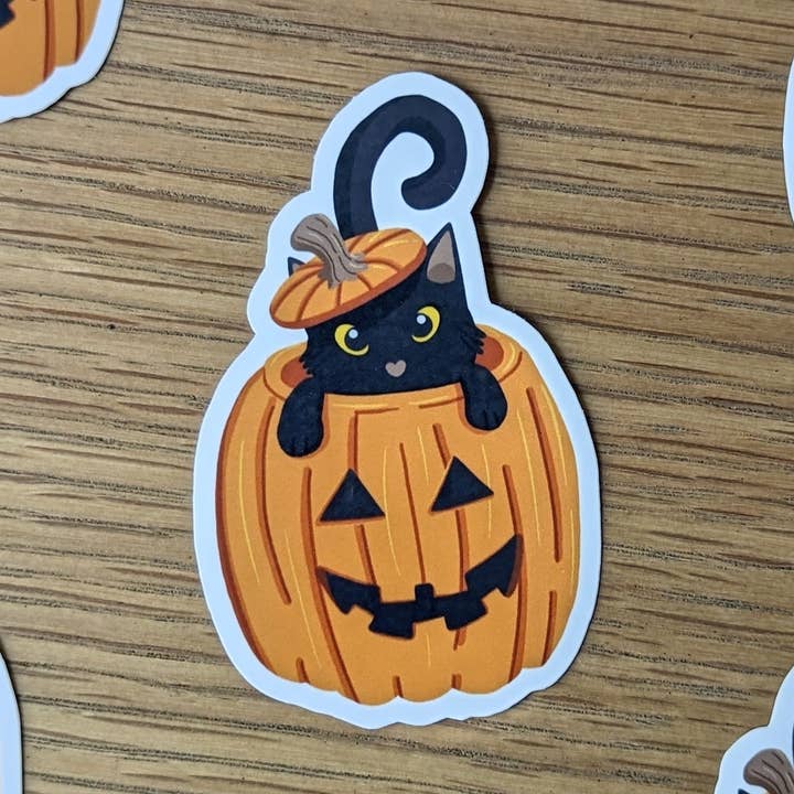 Sleepy Fawn Studio - Wholesale Sticker - Halloween Pumpkin Cat Sticker | Laminated Vinyl0