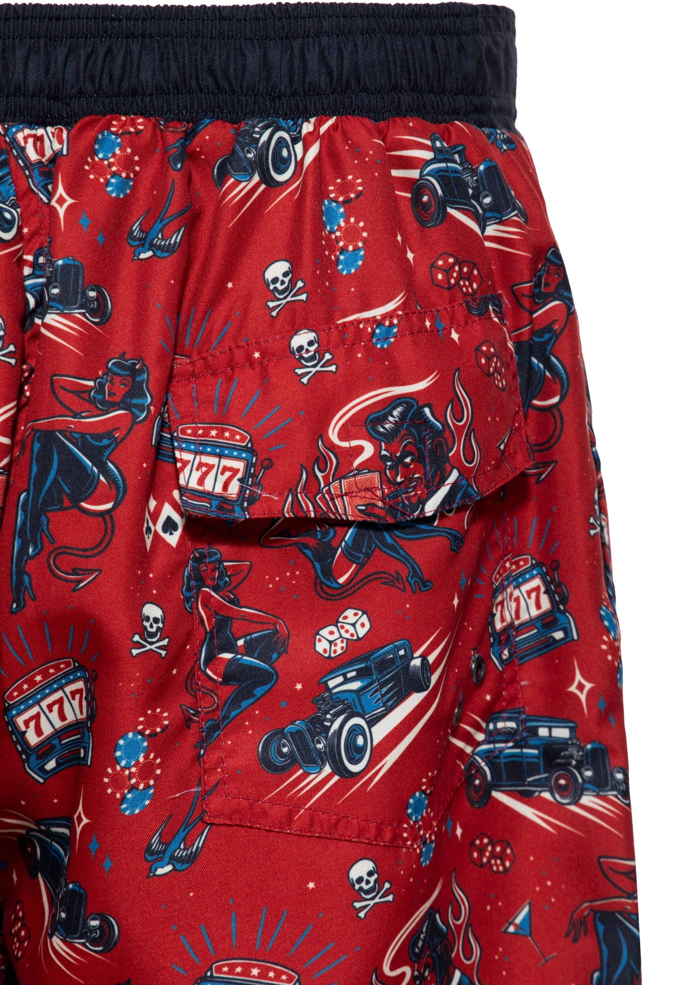 red Swim Shorts "Rockabilly Devil" for wholesale on Faire4