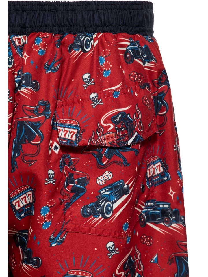 red Swim Shorts "Rockabilly Devil" for wholesale on Faire4