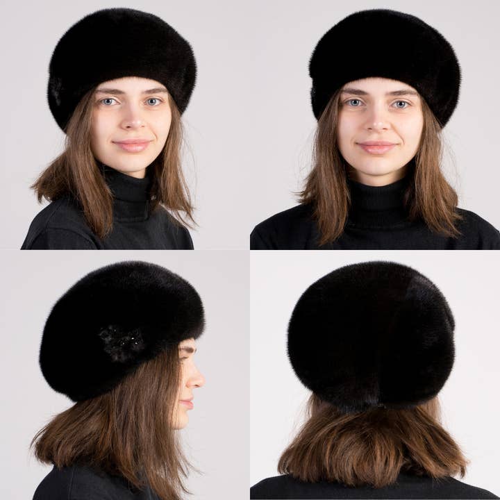 FurStyleUa - Vente Béret – femme - Béret en fourrure de vison pour femmes, chapeaux d'hiver de luxe en fourrure véritable
