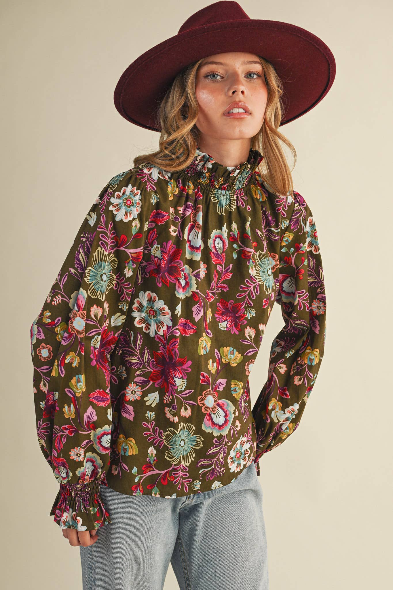 &MERCI - Wholesale Blouse - Women's - EXCLUSIVE FLORAL PRINT RUFFLED MOCK NECK TOP MTP429615