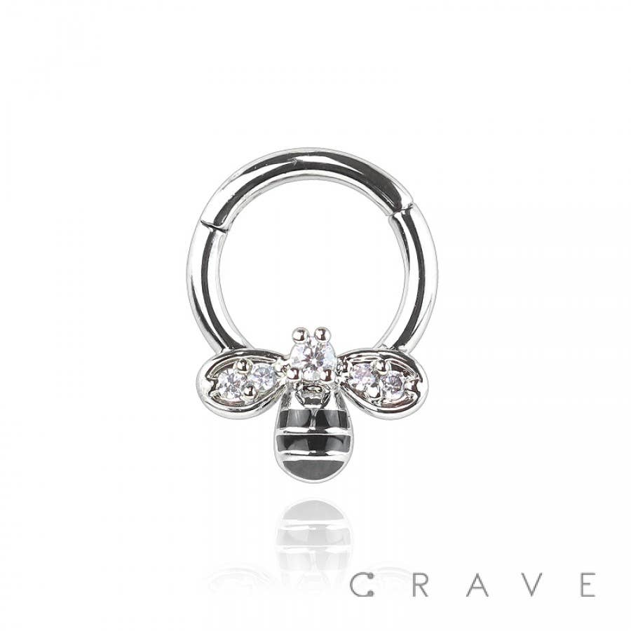 CRAVE – wholesale Single earring – 316L SS GEM PAVED BEE FRONT HINGED SEGMENT RING1
