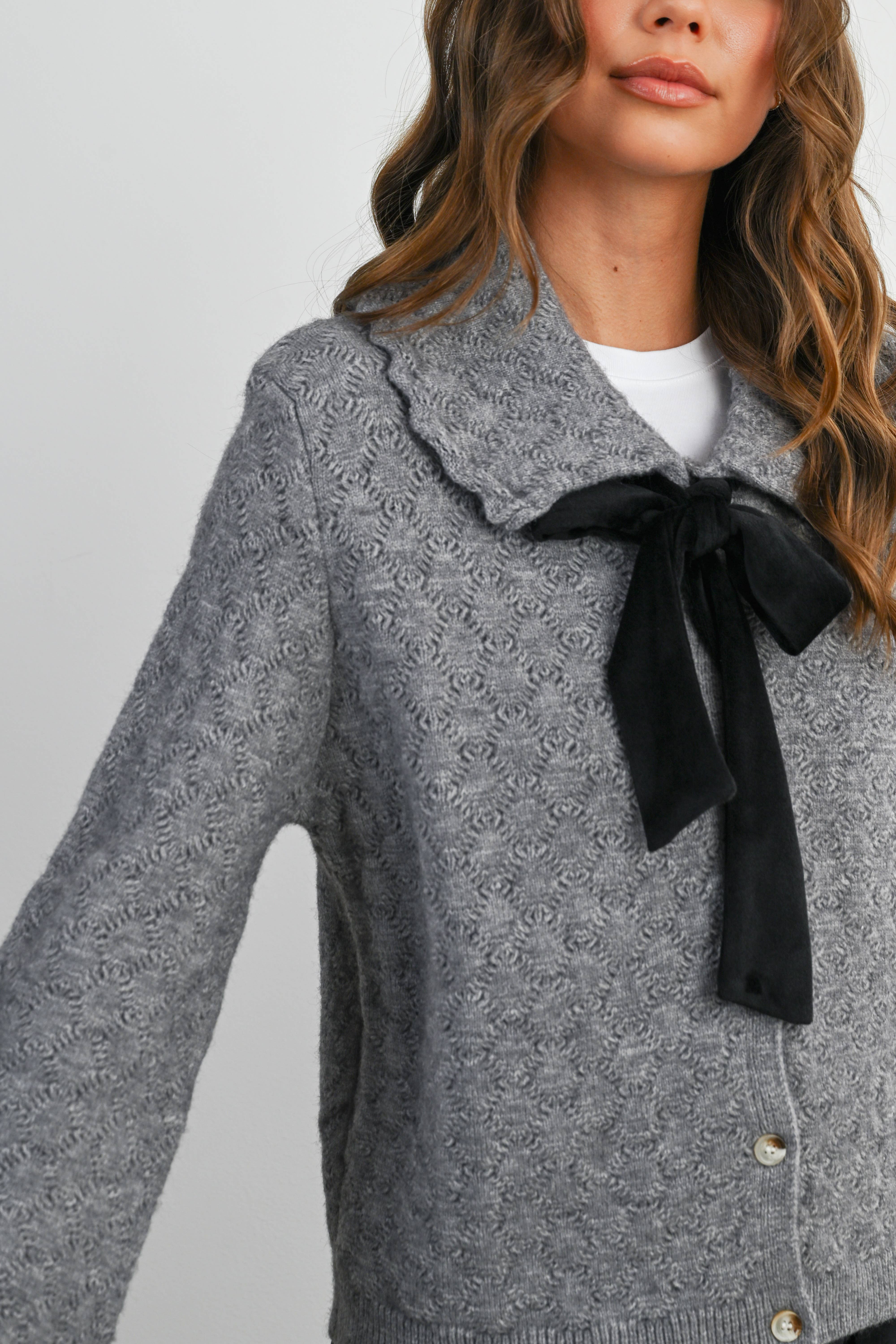 BUTTERMELON - Wholesale Cardigan - Women's - Button-Up Bow Front Collared Long Sleeve Top - BMC777626