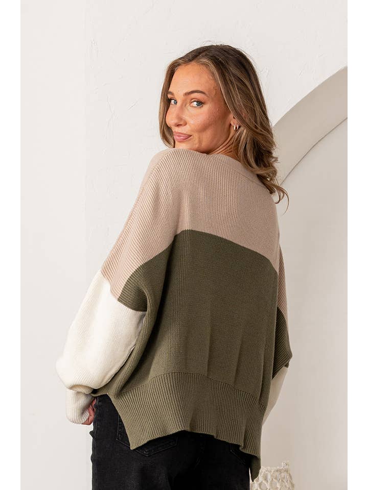 OLIVE TAUPE Plus Oversized Color Block Knit Sweater for wholesale on Faire3