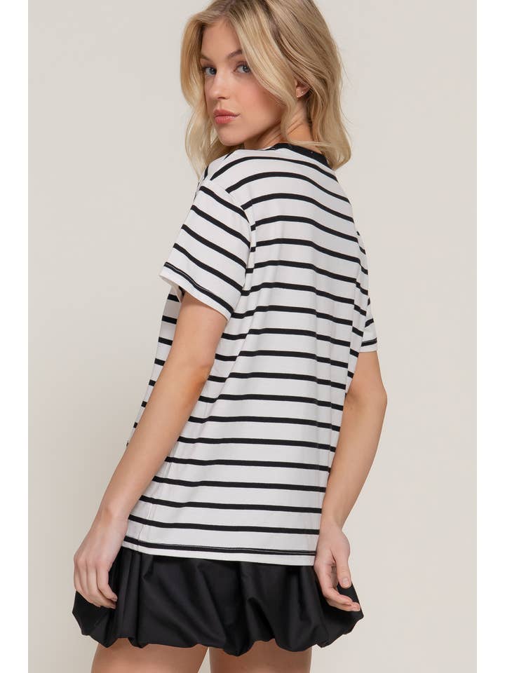 Active Basic | Active USA - Wholesale Knit Top - Women's - Short Sleeve Crew Neck Y/D Stripe Oversize T-Shirt
