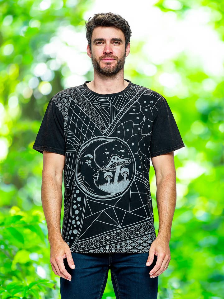Yak & Yeti - Wholesale Screen Printed T-Shirt - Men's - SALE Men's T-Shirt Sacred Geometry Moon Mushrooms