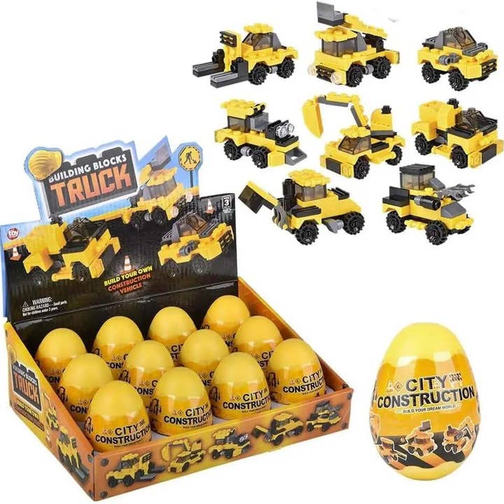 3" Construction Truck Building Block Eggs (1 each) for wholesale by Party Expo, LLC