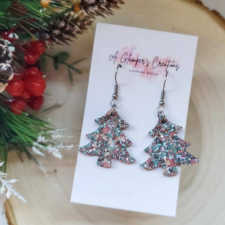 Orecchini glitterati per albero di Natale, mix di glitter blu e rosa per la vendita all'ingrosso da parte di A Glamper's Creations LLC