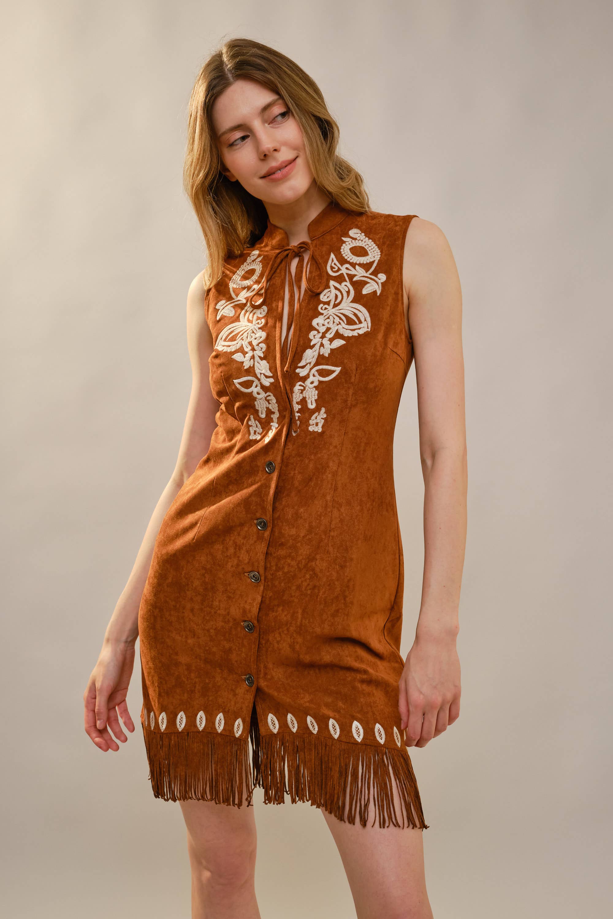 BROWN 99655D Embroidered Suede Fringe Dress for wholesale on Faire2
