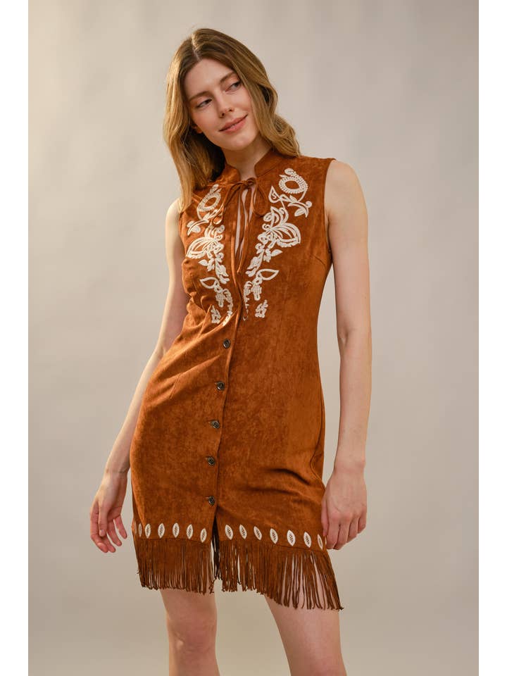 BROWN 99655D Embroidered Suede Fringe Dress for wholesale on Faire2