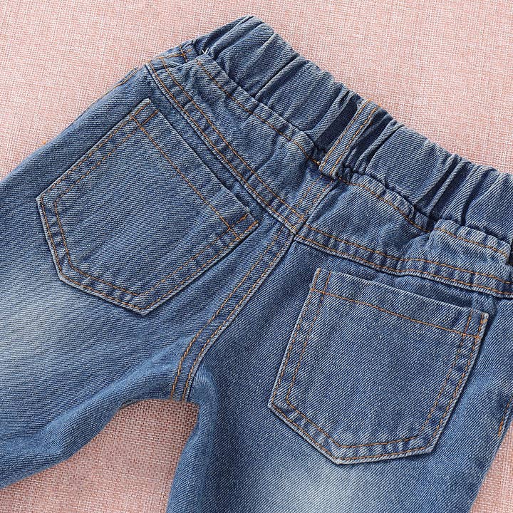 Multi color 2pcs Baby Girl 95% Cotton Denim Ripped Jeans and Floral Tops for wholesale on Faire