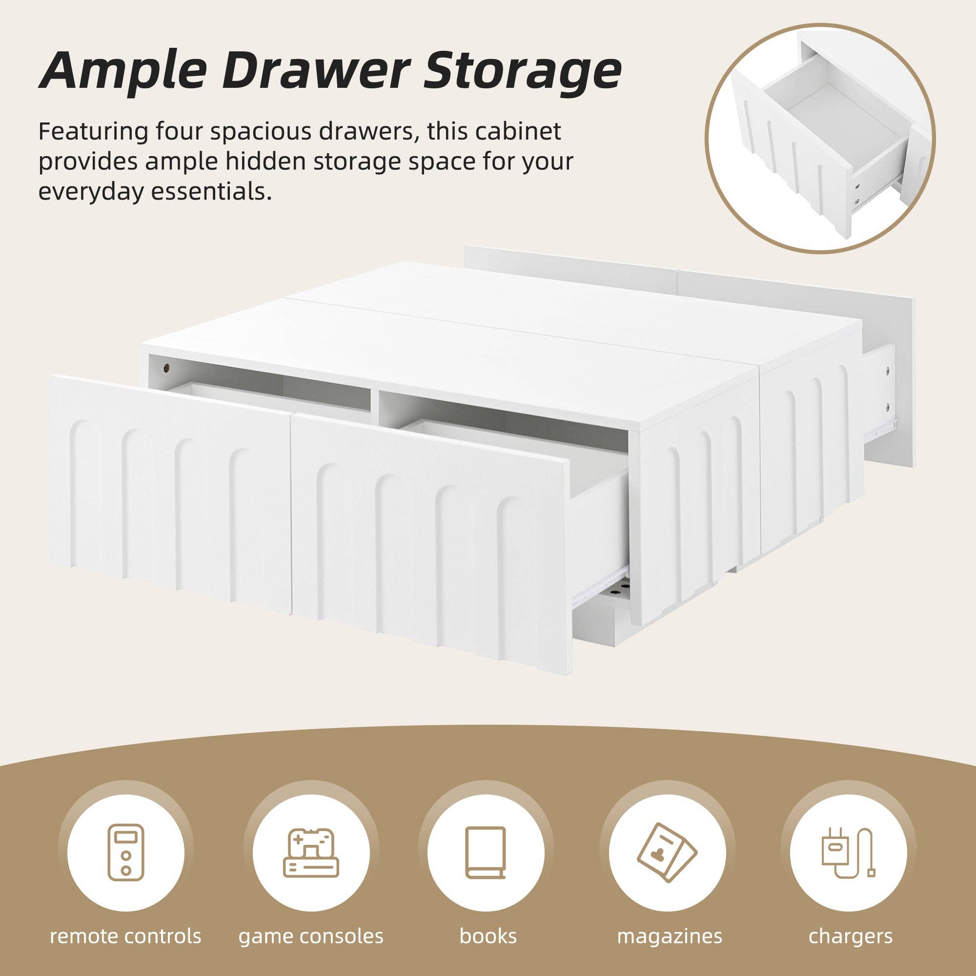 HOMYCASA DESIGN INC - Wholesale Console Table - ON-TREND Elegant TV Stand with Arched Design for TVs Up to 80', Modern Dual Purpose Coffee Table with 4 Drawers, Multi-Functional Organizer Cabinet with Storage for Living Room, Bedroom, White4