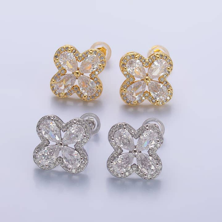 Aim Eternal - Wholesale Stud/Post Earrings - Dainty Gold Cubic Zirconia Clover Stud Earring 4