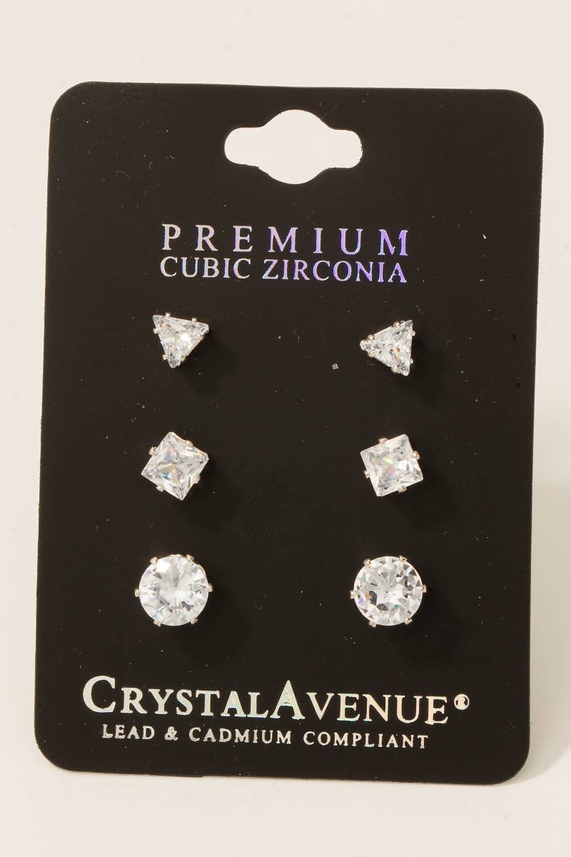 Fame Accessories - Wholesale Stud/Post Earrings - 3Pc Mixed Cubic Zirconia Stud Earrings Set4