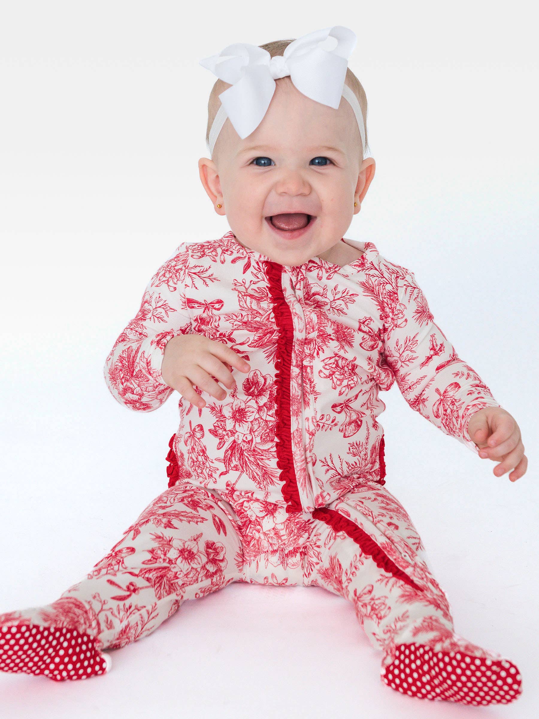 SoftSnooze™ Baby Girls Cotton Modal Red Jingle Toile the Way Footed Ruffle One Piece Pajama for wholesale on Faire0