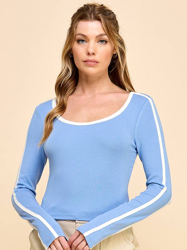 RT53430L - LONG SLV CONTRAST BINDING RIBBED TOP for wholesale by Heart & Hips