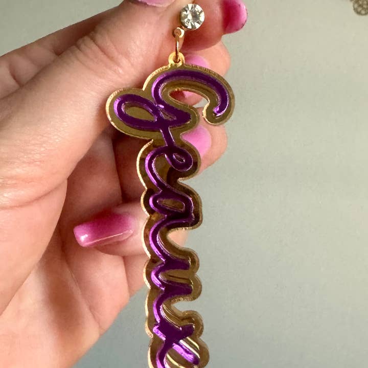 Louie Love - Wholesale Dangle Earrings - Gold Acrylic Geaux Louisiana State LSU Tigers Earrings2