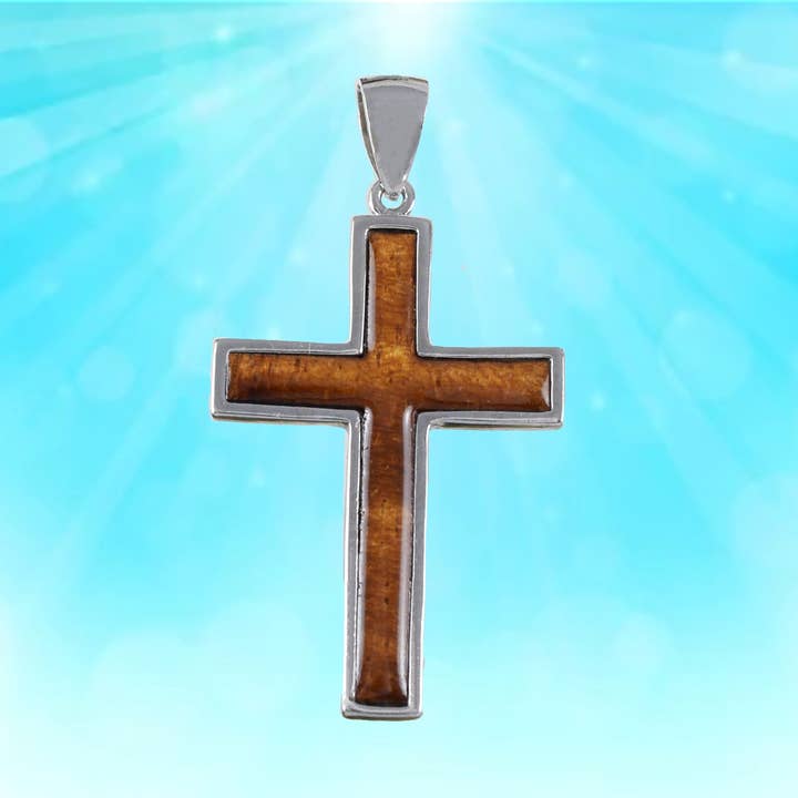 Hawaiian X-Large Genuine Koa Wood Cross Pendant, Sterling Silver Koa Wood Inlay Cross Pendant, Christmas Anniversary Birthday Gift for wholesale by Paradise Treasures Jewelry
