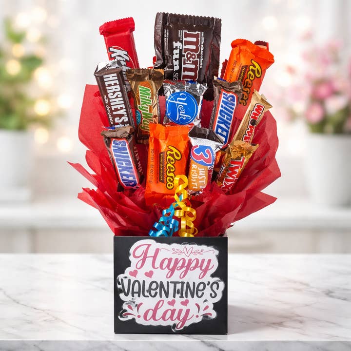 Chocolate Candy Bouquet in Happy Val Day box (12 pc candy) for wholesale by So Sweet of You