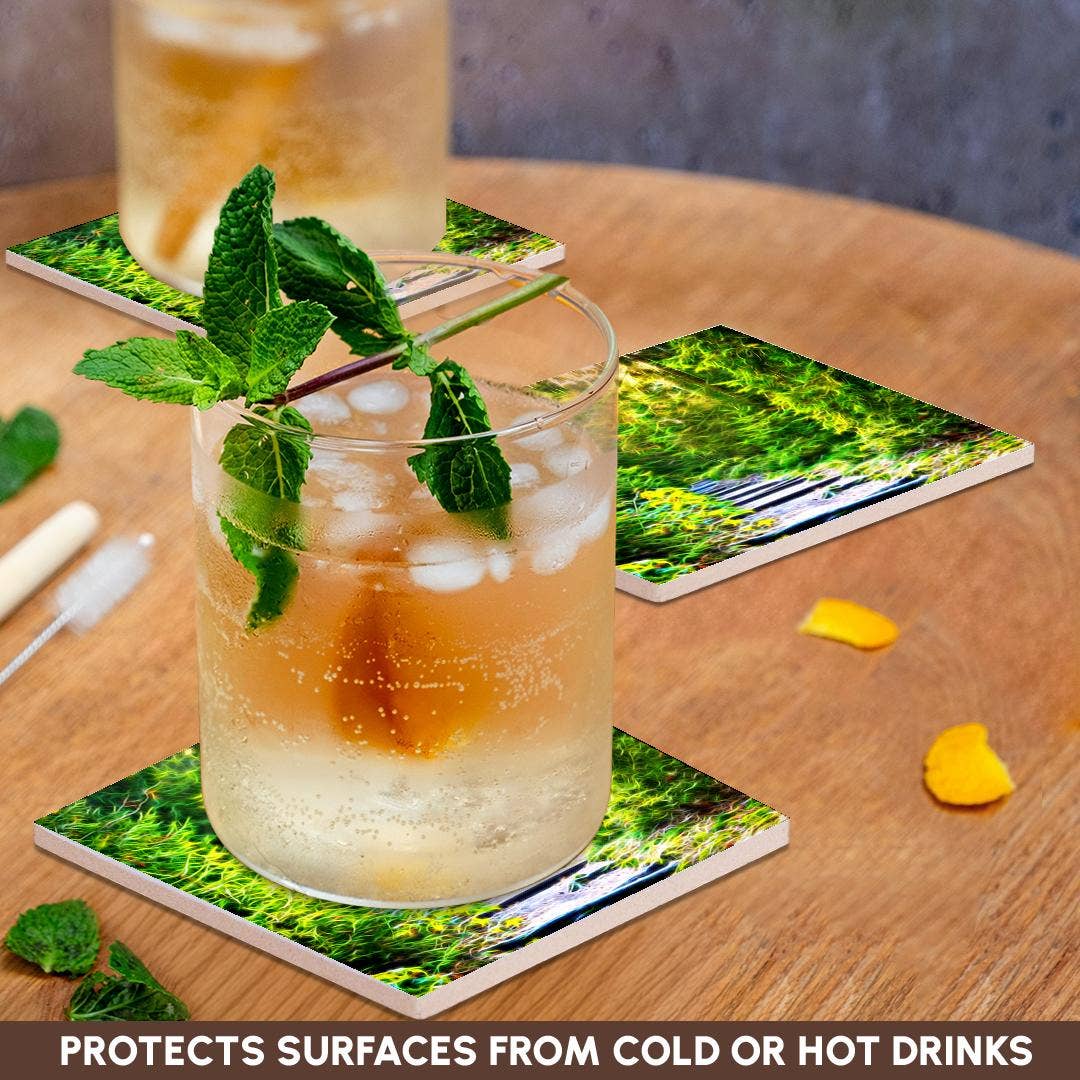 3dRose - Vente Sous-verre - 3dRose, Image de peinture infusée de lumière d'un chemin bordé de pins luxuriants, Sous-verre2