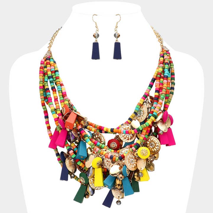 Sensibling Corp. - Wholesale Jewelry Set - Boho Style Wood Multi Beaded Statement Necklace