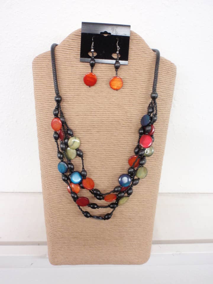 BLACK WAX CORD WITH MULTI COLOR BEADS BIB STYLE DANGLING NEC for wholesale by International Duru's