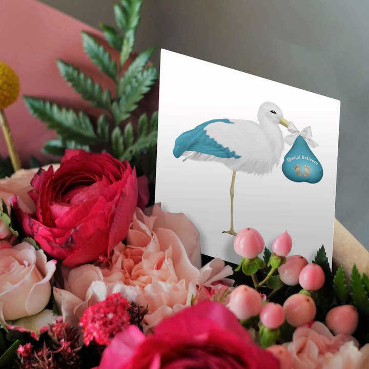 3dRose - Wholesale Everyday Greeting Card - 3dRose, Cute Blue and White Stork Carrying A Baby Illustration, Greeting Card2