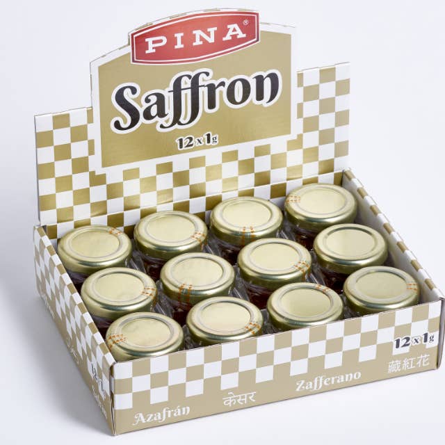 Display of 12 jars x 1 g Saffron in thread for wholesale by Pina Saffron