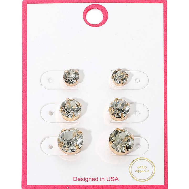 3 paires - Ensemble de boucles d'oreilles à clous en cristal de taille graduée plaqué or pour la vente par Sensibling Corp.